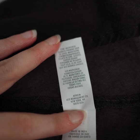 Aerie Peasant Blouse Coffee Brown Button-Up Ruched Sleeves Shirt Sz Large - Picture 8 of 10